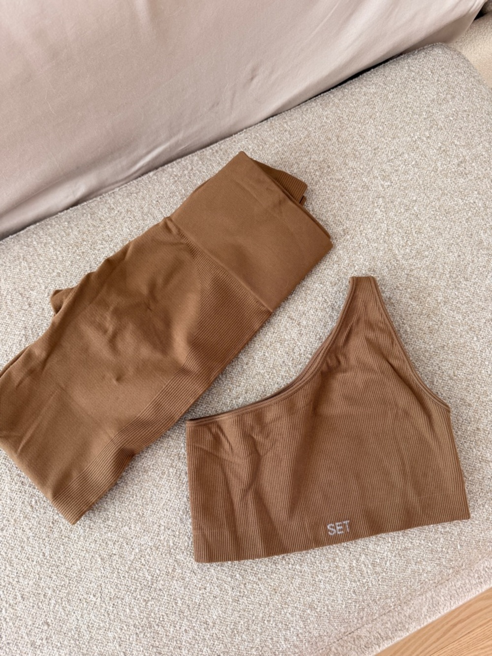 SET Active One-Shoulder Ribbed Sports Bra and High-Waist Leggings in Brown
